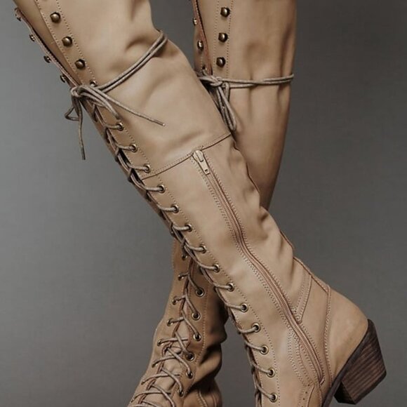 Free People +Jeffrey Campbell Joe Lace-Up Over-the-Knee Boots Light Grey sz 7 - Picture 3 of 16